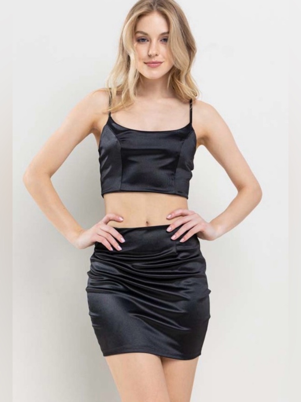 Satin Black Crop Top & Mini Skirt Set